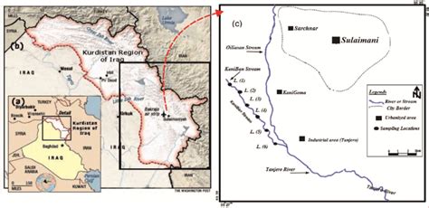 Map of the studied area showing; (a) Map of Iraq, (b) Map of Sulaimani ...