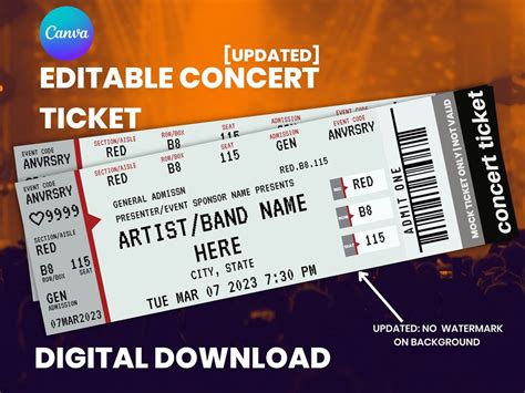 Concert Ticket Template Gift Certificate Personalized Event Mock Ticket