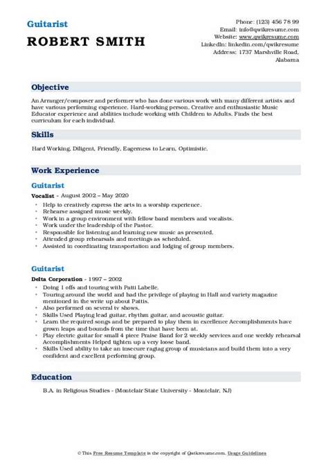 Guitarist Resume Samples Qwikresume