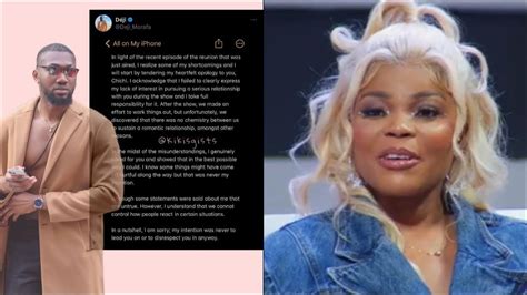 BBNAIJA REUNION 2023 DEJI TENDERS HEARTFELT PUBLIC APOLOGY TO CHICHI