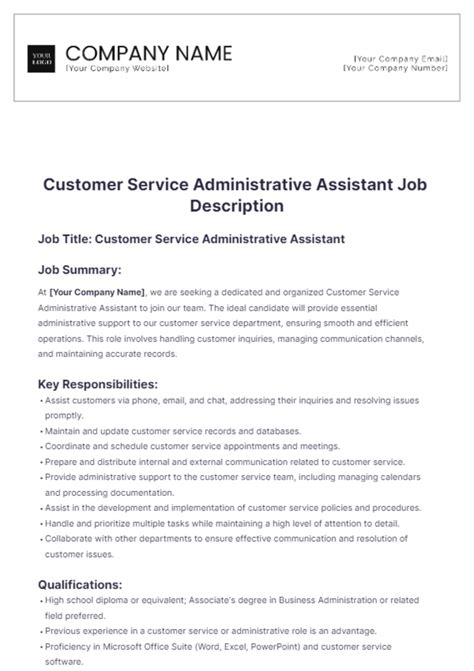 Free Customer Service Administrative Assistant Job Description Template Edit Online And Download