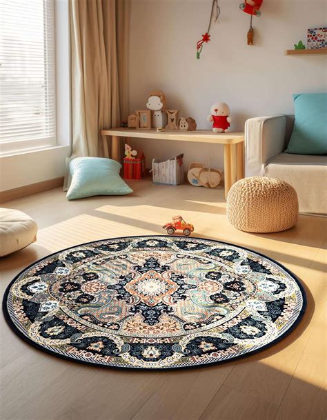 Navy Blue 5 X 5 Nain Design Round Rug Esalerugs