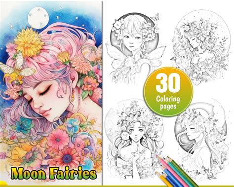 30 Moon Fairies Coloring Pages For Adults Fantasy Fairy Grayscale Coloring Book Moon Goddess