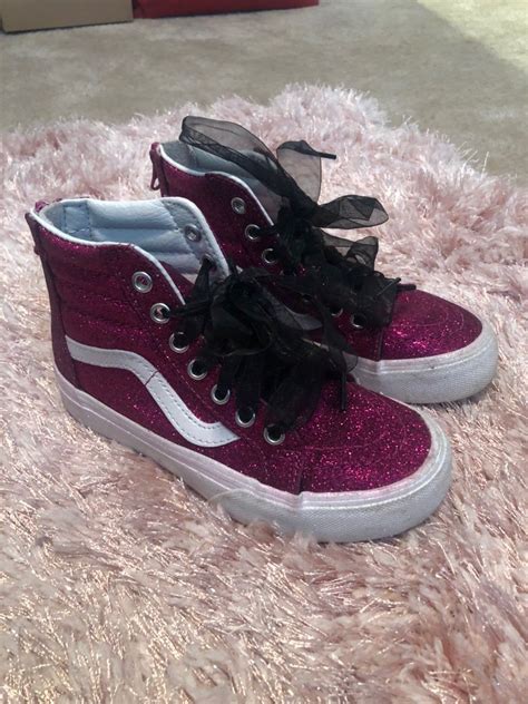 Girls Pink Glitter Vans With Black Lace Shoe Strings Size 12 Back Zipper Closure Glitter