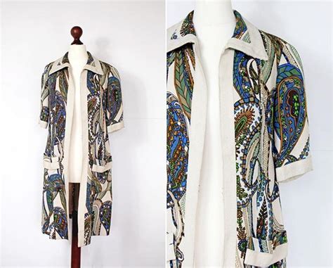 Vintage 1970s Long Line Jacket Bohemian Paisley Print 100 Linen With Synthetic Lining Size