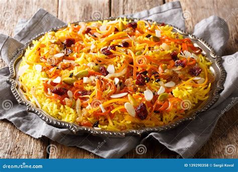 Iranian Wedding Pilaf Javaher Polow Or Jeweled Rice Close Up On A Plate