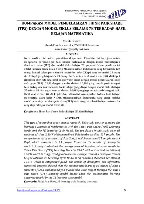 Pdf Komparasi Model Pembelajaran Think Pair Share Tps Dengan Model Siklus Belajar 7e