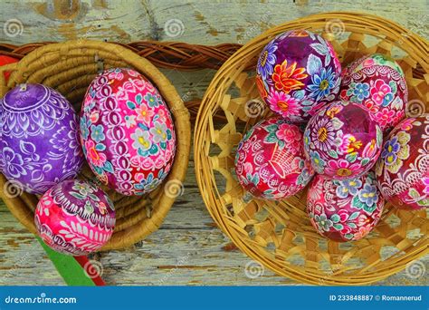 Still Life With Easter Eggs Decorated Easter Eggs Lay In A Wicker