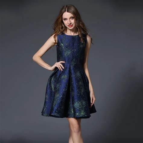 Summer Blue Jacquard Tank Dress Women Mini Dresses O Neck Sleeveless