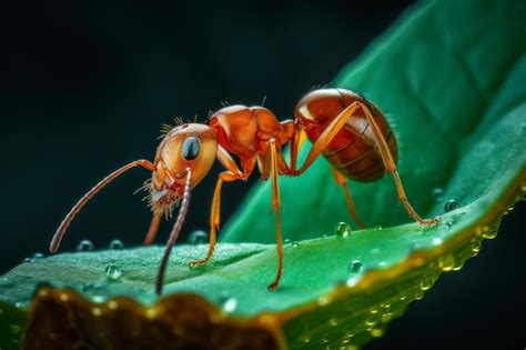 Primer Plano De Una Hormiga Roja Sobre Una Hoja Verde Con Gotas De Agua