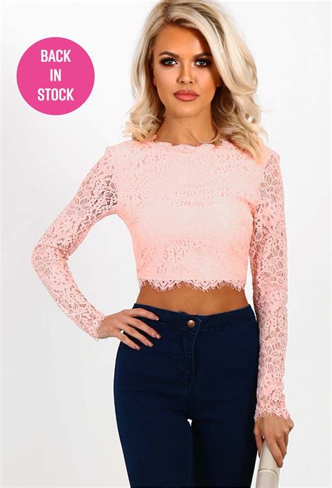 Sahar Pink Lace Long Sleeve Crop Top Long Sleeve Crop Top Crop Tops Lace Crop Tops