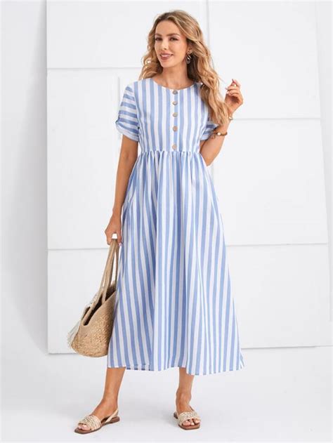 Emery Rose Buttoned Placket Rolled Sleeve Striped Dress Shein