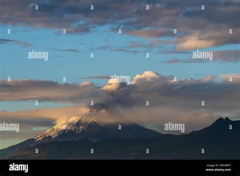 Cotopaxi Volcano Eruption Explosion With Ash Cloud And Smoke At Sunrise