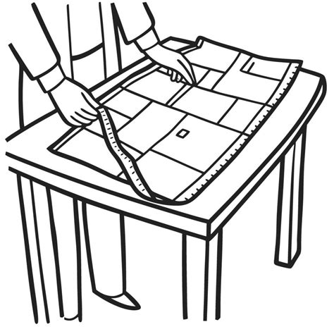 tailor aligning fabric on table for measurement precision cutting, sewing pattern, crafting ...