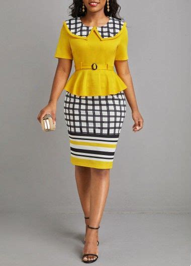 Rotita Fake In Plaid Yellow Belted Bodycon Dress Gorgeous Women