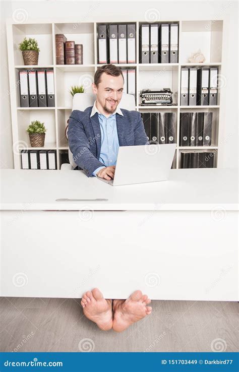 Happy Barefoot Business Man Working In Office Stock Image Image Of