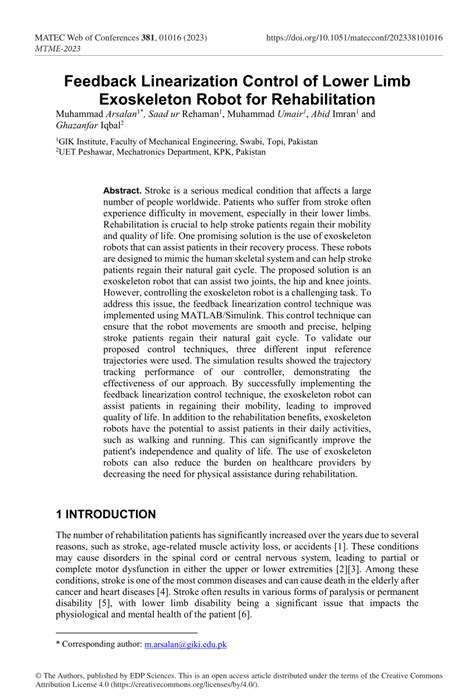 Pdf Feedback Linearization Control Of Lower Limb Exoskeleton Robot