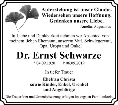 Traueranzeigen Von Ernst Schwarze Abschied Nehmen De