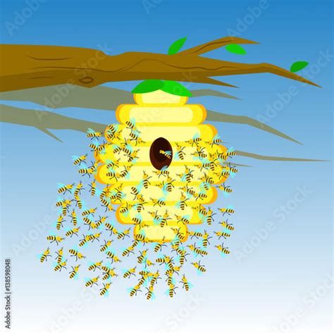 Yellow Bee Hive On A Tree Branch Bee Hive Isolate Vector Illustration Of Bee House With A