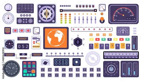 Control panel elements, spaceship switches, buttons, dials and screens. Flat retro spacecraft ...