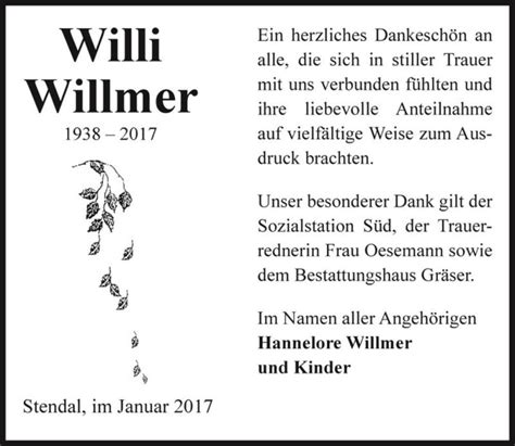 Traueranzeigen Von Willi Willmer Abschied Nehmen De