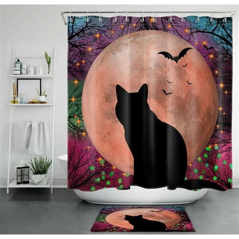 Black Cat Shadows And Full Moon Spooky Shower Curtain For Halloween