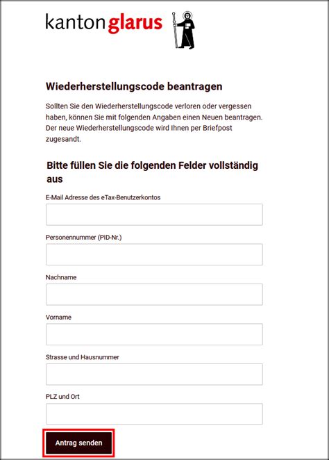 Wiederherstellungscode Beantragen Etax Glarus