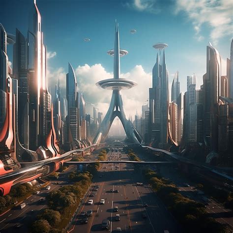 Premium AI Image | A futuristic city with a large tower and a bridge.