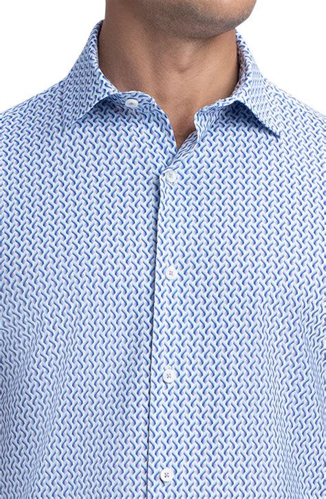 Bugatchi Tech Geo Print Short Sleeve Stretch Cotton Button Up Shirt