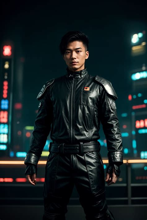 Cosplayer man in a cyberpunk outfit, posing against the backdrop of ...