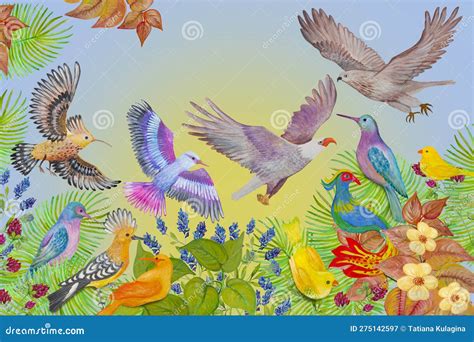 Watercolor Drawing Depicting Various Colored Birds Among Plants And