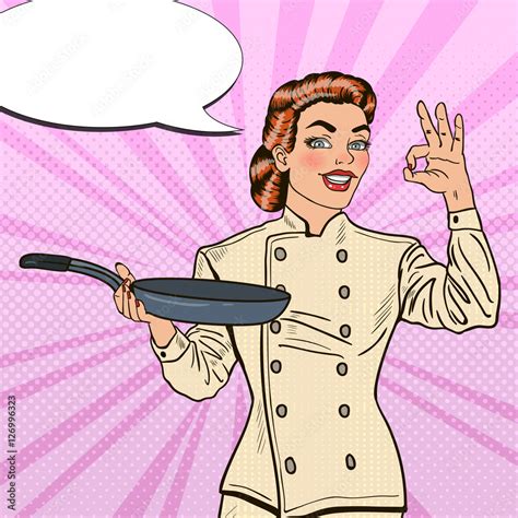 Pop Art Chef Smiling Woman In Uniform With Pan Showing Ok Hand Sign