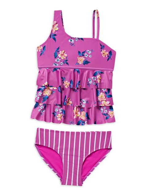 Justice Girls 2 Piece Floral Print And Striped Tankini Ruffle Swimsuit Sizes 5 18