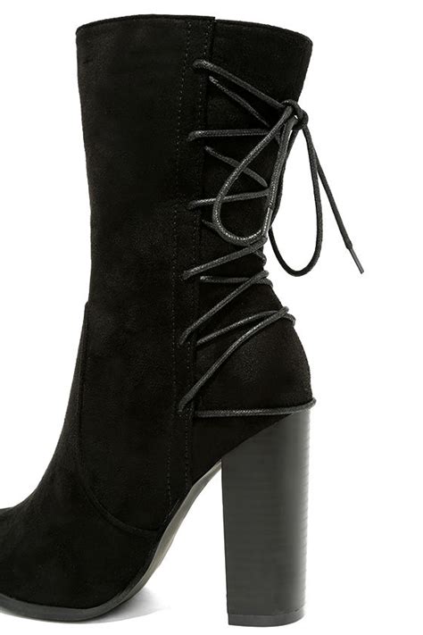 Cool Black Suede Boots High Heel Boots Mid Calf Boots Lace Up