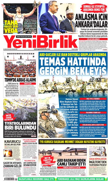 YeniBirlik Gazetesi YeniBirlik Manşet Oku Haberler 12 Ağustos 2024