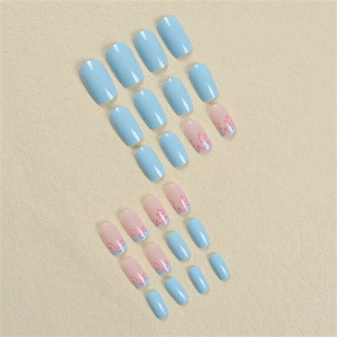 Heart Stars French False Nail Short Square Press On Nails For Nail Art