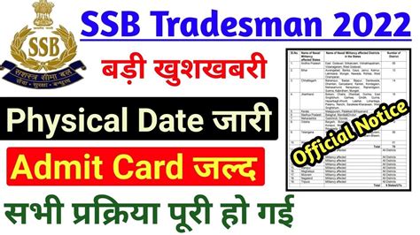 SSB Admit Card 2021 SSB 1522 Physical Admit Card SSB Tradesman