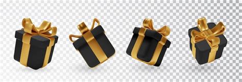 Conjunto De Cajas De Regalo Negras Con Lazos Dorados Aislados 3d Render