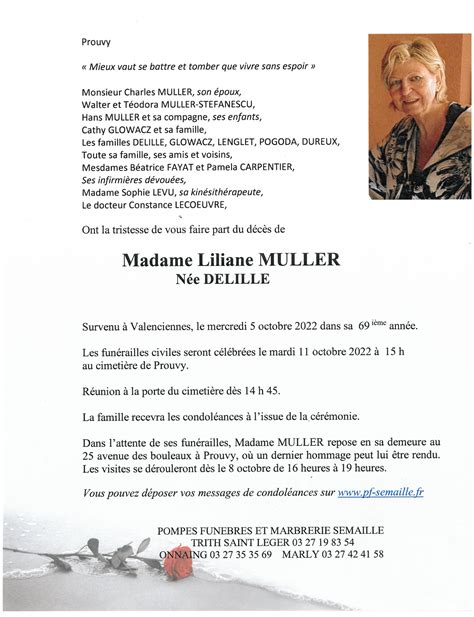 Avis De Décès De Liliane Muller Pompes Funèbres Semaille