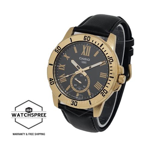 Casio Mtp Vd Gl B Gold Roman Numeral Black Leather Analog Quartz Men