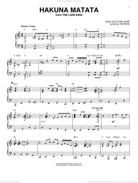 Hakuna Matata Jazz Version From The Lion King Sheet Music For Piano