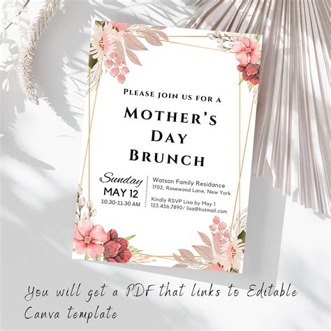 Mothers Day Brunch Invitation Template Pink Floral Mothers Day Invitation Personalized Mother S