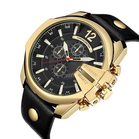 Relógio Masculino Curren Dourado Fundo Preto Pulseira de Couro