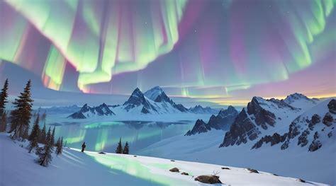 Premium AI Image | Majestic snowy mountains and colorful aurora sky