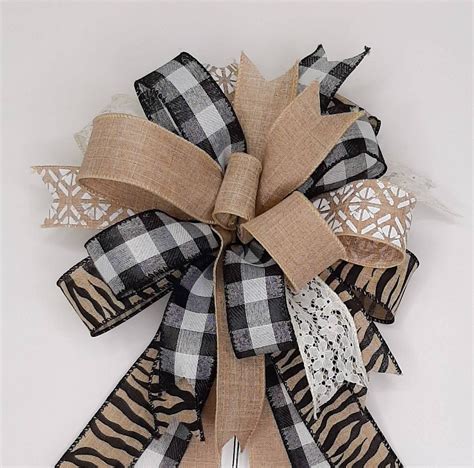 Wreath Bow Buffalo Check Zebra Print Ivory Lace Beige Linen