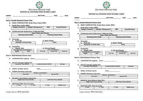 Ppft Score Card 2022 Pft Skill And Health Related Categories Physical Fitness Test Score