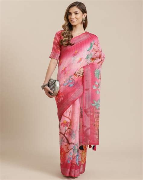 Buy KAVINDI Floral Print Bollywood Cotton Linen Saree Pink Online At