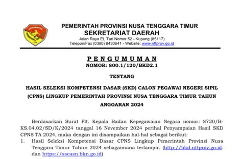 Pengumuman Hasil SKD Seleksi CPNS Pemerintah Provinsi NTT Tahun 2024