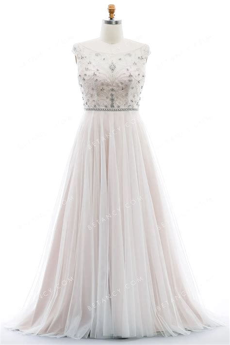 Beaded Illusion Neck Nude Pink Plus Size Wedding Dress - BETANCY