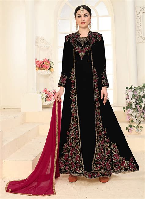 Buy Black Georgette Anarkali Suit Full Sleeve Jacket Embroidery Work